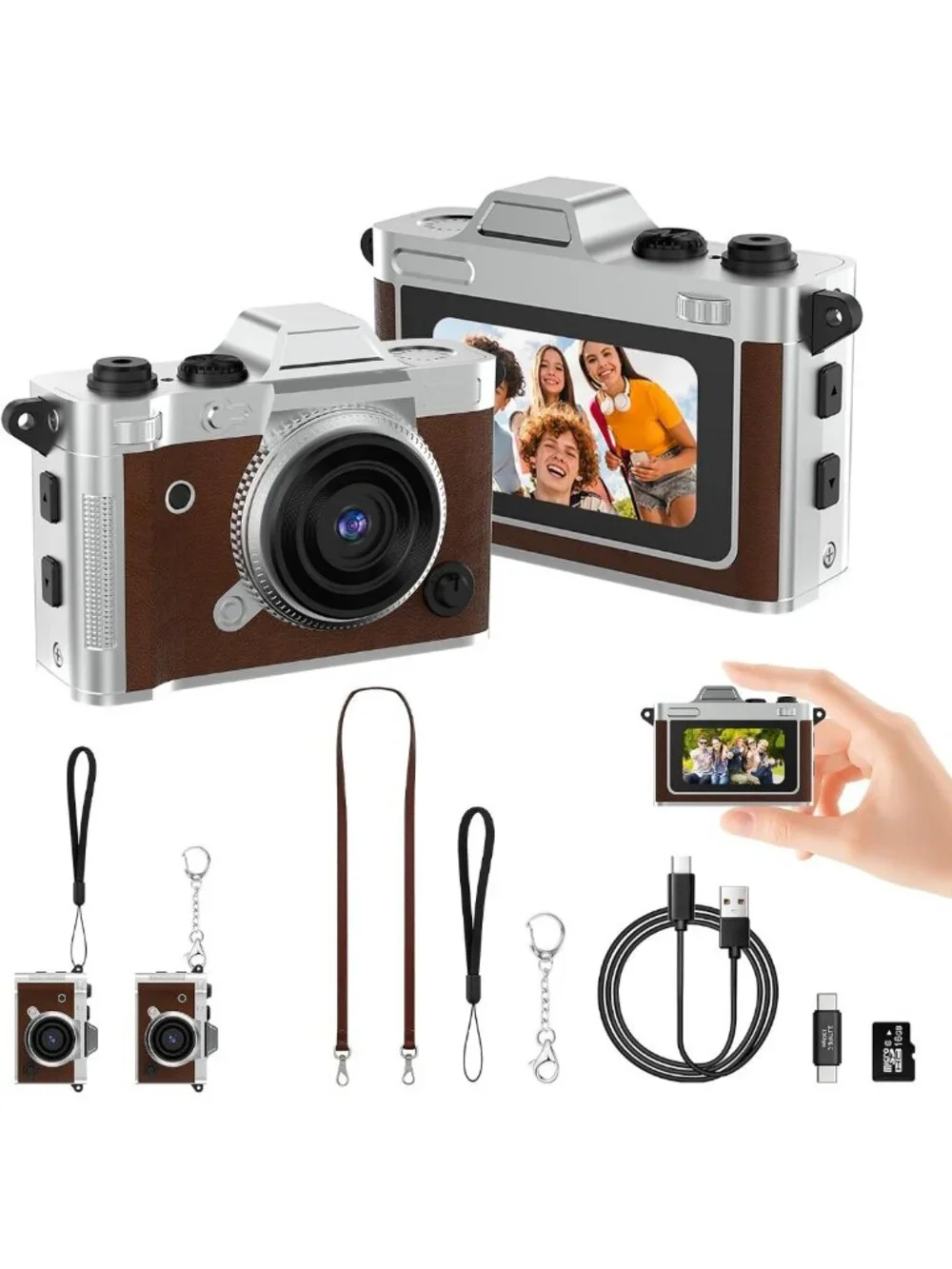 Retro Mini Digital Keychain Camera, 2K HD Resolution, 16GB Storage, Brown